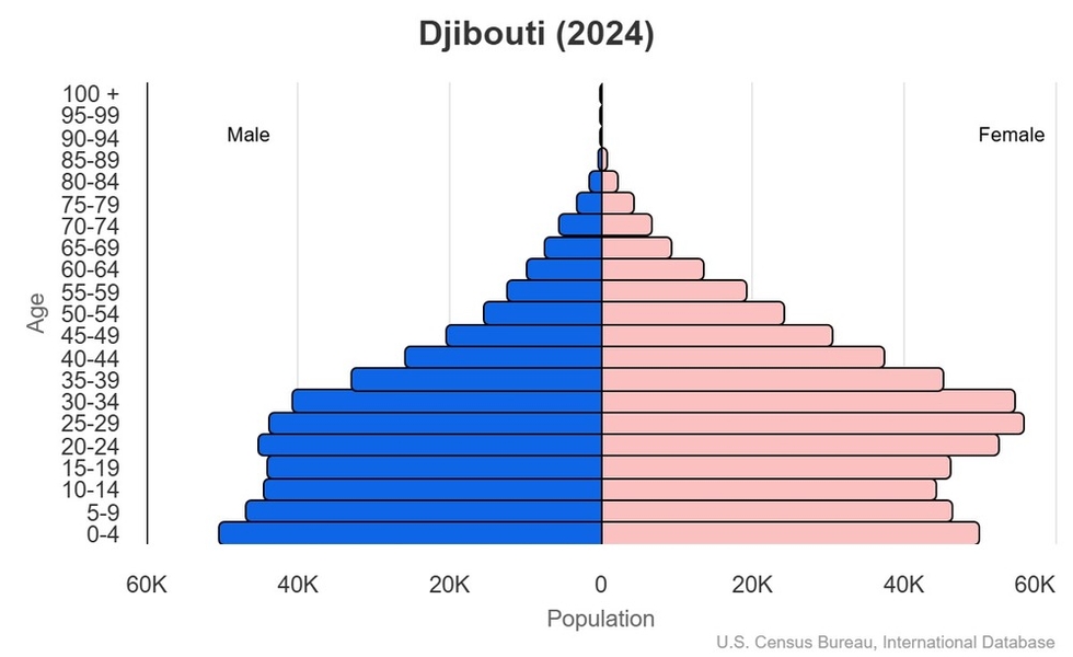 This is the population pyramid for Djibouti. A population pyramid illustrates the age and sex structure of a country's population and may provide insights about political and social stability, as well as economic development. The population is distributed along the horizontal axis, with males shown on the left and females on the right. The male and female populations are broken down into 5-year age groups represented as horizontal bars along the vertical axis, with the youngest age groups at the bottom and the oldest at the top. The shape of the population pyramid gradually evolves over time based on fertility, mortality, and international migration trends. <br/><br/>For additional information, please see the entry for Population pyramid on the Definitions and Notes page.