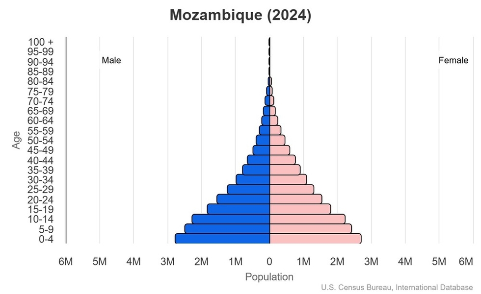 This is the population pyramid for Mozambique. A population pyramid illustrates the age and sex structure of a country's population and may provide insights about political and social stability, as well as economic development. The population is distributed along the horizontal axis, with males shown on the left and females on the right. The male and female populations are broken down into 5-year age groups represented as horizontal bars along the vertical axis, with the youngest age groups at the bottom and the oldest at the top. The shape of the population pyramid gradually evolves over time based on fertility, mortality, and international migration trends. <br/><br/>For additional information, please see the entry for Population pyramid on the Definitions and Notes page.