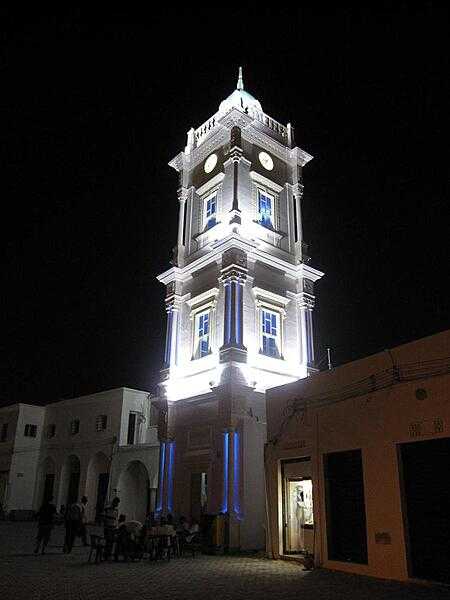 The Clock Tower in the heart of Tripoli's medina (old city quarter) is a relic of the Italian colonial period in Libya. The structure is dazzlingly lit at night.