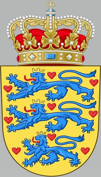 Denmark’s King Frederick VI adopted the national coat of arms in 1819. The crown of King Christian V, who ruled Denmark and Norway from 1670 to 1699, sits atop the shield, symbolizing royal and national authority. The three lions represent a strong and powerful country, with red lily pads in the shape of hearts that stand for strength, valor, and joy.