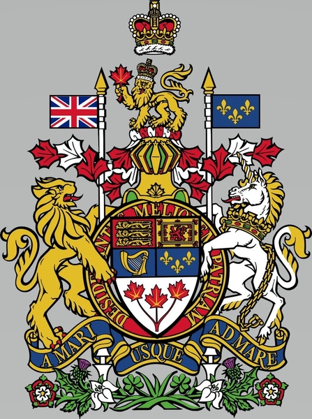 The current design of the Royal Coat of Arms of Canada was adopted in 1921 and references the four nations that helped found Canada. England is represented with royal lions, a union flag, and a rose, and Scotland with a royal lion, a unicorn, and a thistle. Ireland’s symbols include a harp and a shamrock, and France’s symbols are a royal fleur-de-lis and a royal flag. The maple leaves are the Canadian national symbol. A red circle displays the motto Desiderantes Meliorem Patriam (Desiring a Better Country), and a blue ribbon displays A Mari usque ad Mare (From Sea to Sea).