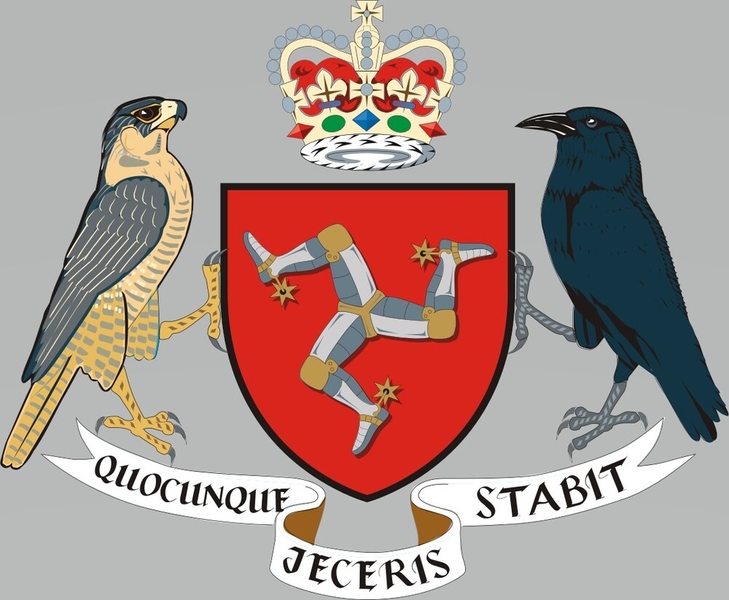Queen Elizabeth II of the United Kingdom granted the Isle of Man’s coat of arms on July 12, 1996. The triskelion (three conjoined legs) on the shield represents resilience, resourcefulness, and hope. The Latin motto means “Wherever you throw it, it will stand,” a reference to the islanders’ ability to stand strong. The peregrine falcon represents the two falcons that the Isle of Man has paid to the UK monarch on Coronation Day since 1406, and the raven symbolizes the island’s former status as a Viking colony. The crown represents the UK monarch’s status as the Lord of Mann, although the island is self-governing.