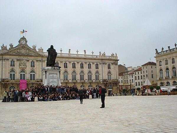 Place Stanislas (Stanislas Square) in the center of Nancy, France, was formerly the capital of the Duchy of Lorraine and is now the largest city in the department of Meurthe-et-Moselle. The square, constructed between 1751 and 1755, was the brainchild of Stanislas Leszczynski, Duke of Lorraine and former King of the Polish-Lithuanian Commonwealth. A statue of Leszczynski stands in front of the town hall.