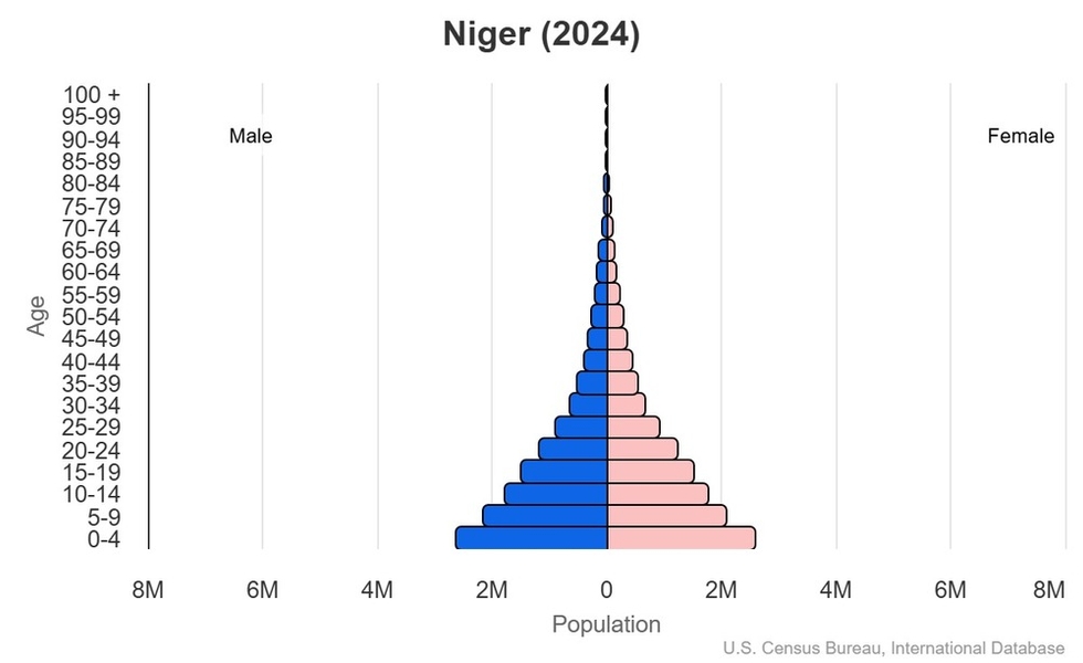 This is the population pyramid for Niger. A population pyramid illustrates the age and sex structure of a country's population and may provide insights about political and social stability, as well as economic development. The population is distributed along the horizontal axis, with males shown on the left and females on the right. The male and female populations are broken down into 5-year age groups represented as horizontal bars along the vertical axis, with the youngest age groups at the bottom and the oldest at the top. The shape of the population pyramid gradually evolves over time based on fertility, mortality, and international migration trends. <br/><br/>For additional information, please see the entry for Population pyramid on the Definitions and Notes page.
