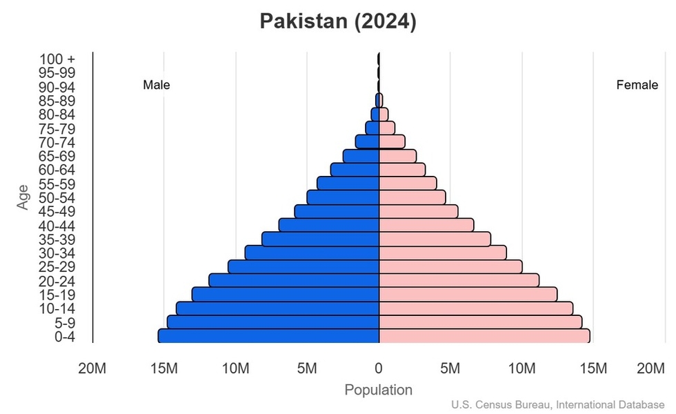 This is the population pyramid for Pakistan. A population pyramid illustrates the age and sex structure of a country's population and may provide insights about political and social stability, as well as economic development. The population is distributed along the horizontal axis, with males shown on the left and females on the right. The male and female populations are broken down into 5-year age groups represented as horizontal bars along the vertical axis, with the youngest age groups at the bottom and the oldest at the top. The shape of the population pyramid gradually evolves over time based on fertility, mortality, and international migration trends. <br/><br/>For additional information, please see the entry for Population pyramid on the Definitions and Notes page.