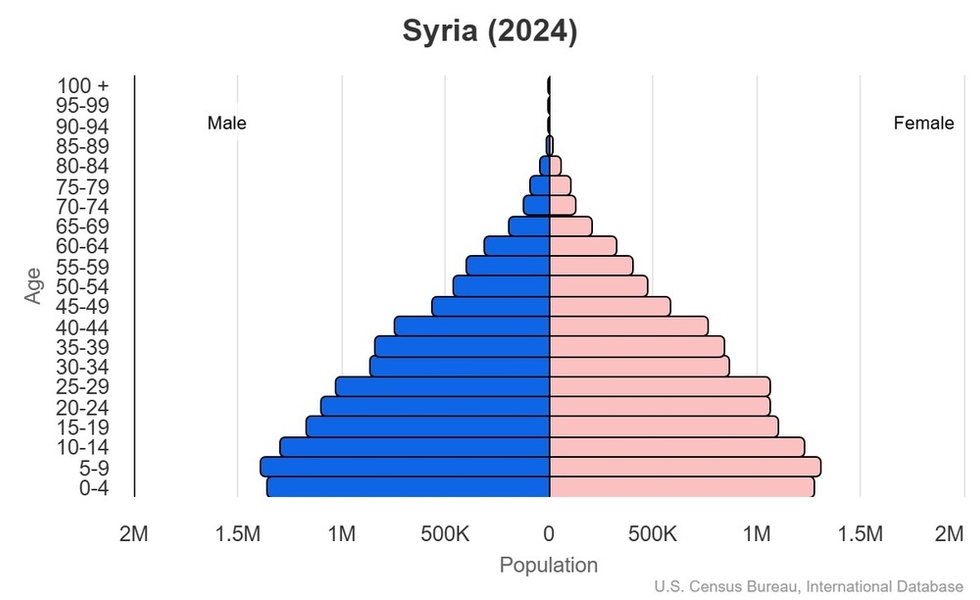 This is the population pyramid for Syria. A population pyramid illustrates the age and sex structure of a country's population and may provide insights about political and social stability, as well as economic development. The population is distributed along the horizontal axis, with males shown on the left and females on the right. The male and female populations are broken down into 5-year age groups represented as horizontal bars along the vertical axis, with the youngest age groups at the bottom and the oldest at the top. The shape of the population pyramid gradually evolves over time based on fertility, mortality, and international migration trends. <br/><br/>For additional information, please see the entry for Population pyramid on the Definitions and Notes page.
