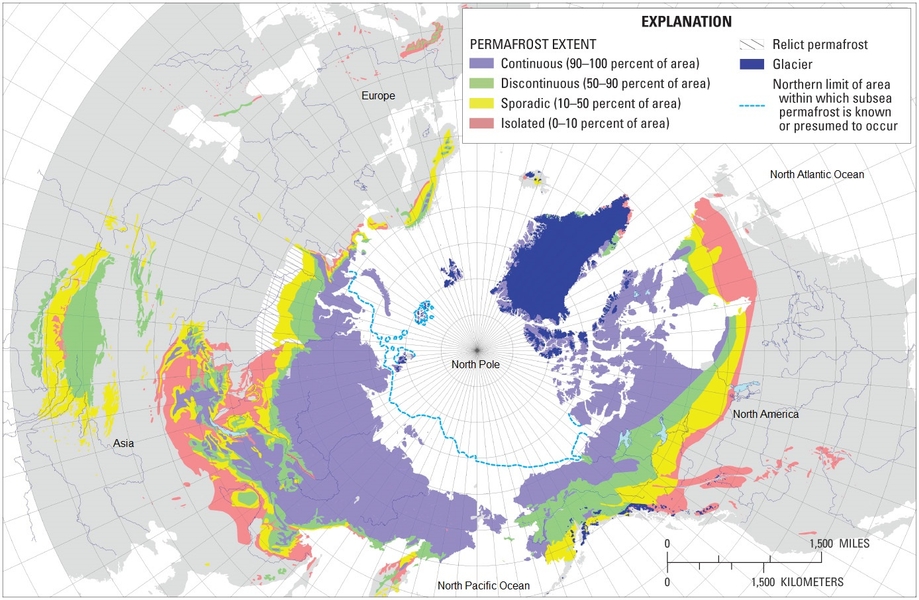 Permafrost is soil, rock, or sediment that remains frozen for very long periods of time (described as more than two consecutive years). In colder regions, permafrost occurs under essentially all land areas. The presence of permafrost is a defining characteristic of the Tundra biome. It is estimated that permafrost underlies 15% of the exposed land area in North America and 11% globally. Map from the USGS.