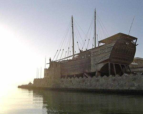 Dhows (Arab sailing vessels) played a prominent role in Kuwait's maritime history and were used in trade, fishing, and pearling. This restored example is on display in Kuwait City.
