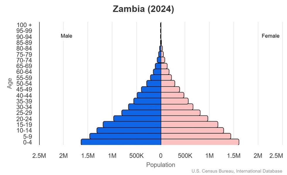 This is the population pyramid for Zambia. A population pyramid illustrates the age and sex structure of a country's population and may provide insights about political and social stability, as well as economic development. The population is distributed along the horizontal axis, with males shown on the left and females on the right. The male and female populations are broken down into 5-year age groups represented as horizontal bars along the vertical axis, with the youngest age groups at the bottom and the oldest at the top. The shape of the population pyramid gradually evolves over time based on fertility, mortality, and international migration trends. <br/><br/>For additional information, please see the entry for Population pyramid on the Definitions and Notes page.