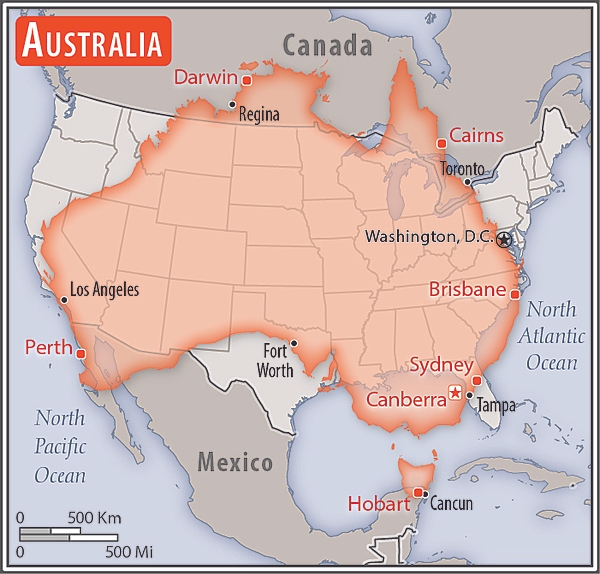 <p>slightly smaller than the US contiguous 48 states</p>