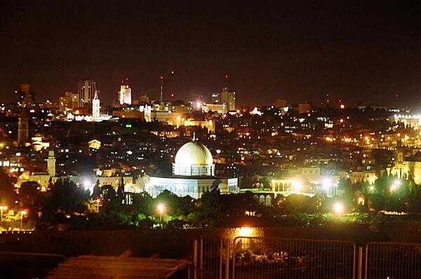 A nighttime view of Jerusalem and East Jerusalem, taken from the Mount of Olives.