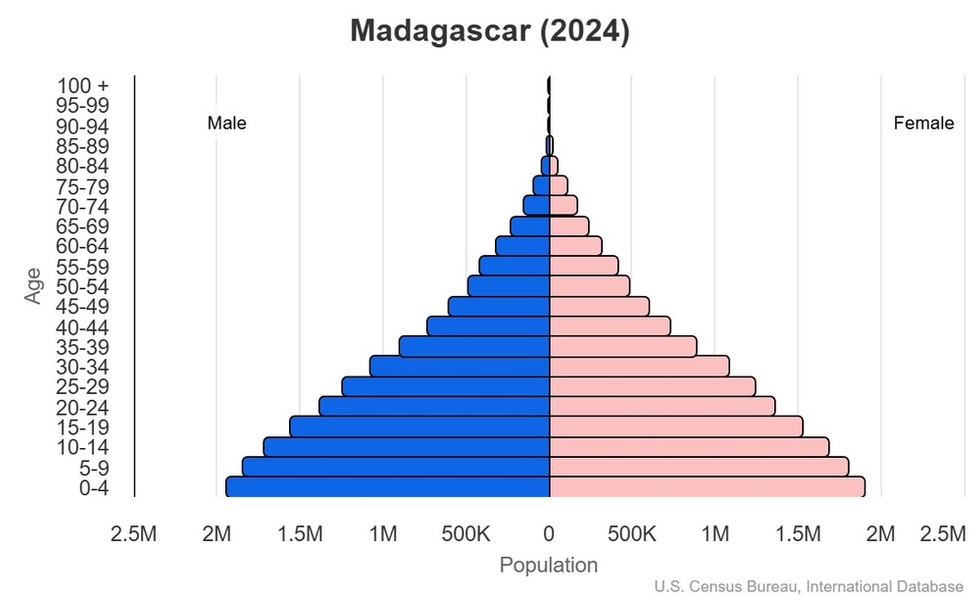 This is the population pyramid for Madagascar. A population pyramid illustrates the age and sex structure of a country's population and may provide insights about political and social stability, as well as economic development. The population is distributed along the horizontal axis, with males shown on the left and females on the right. The male and female populations are broken down into 5-year age groups represented as horizontal bars along the vertical axis, with the youngest age groups at the bottom and the oldest at the top. The shape of the population pyramid gradually evolves over time based on fertility, mortality, and international migration trends. <br/><br/>For additional information, please see the entry for Population pyramid on the Definitions and Notes page.