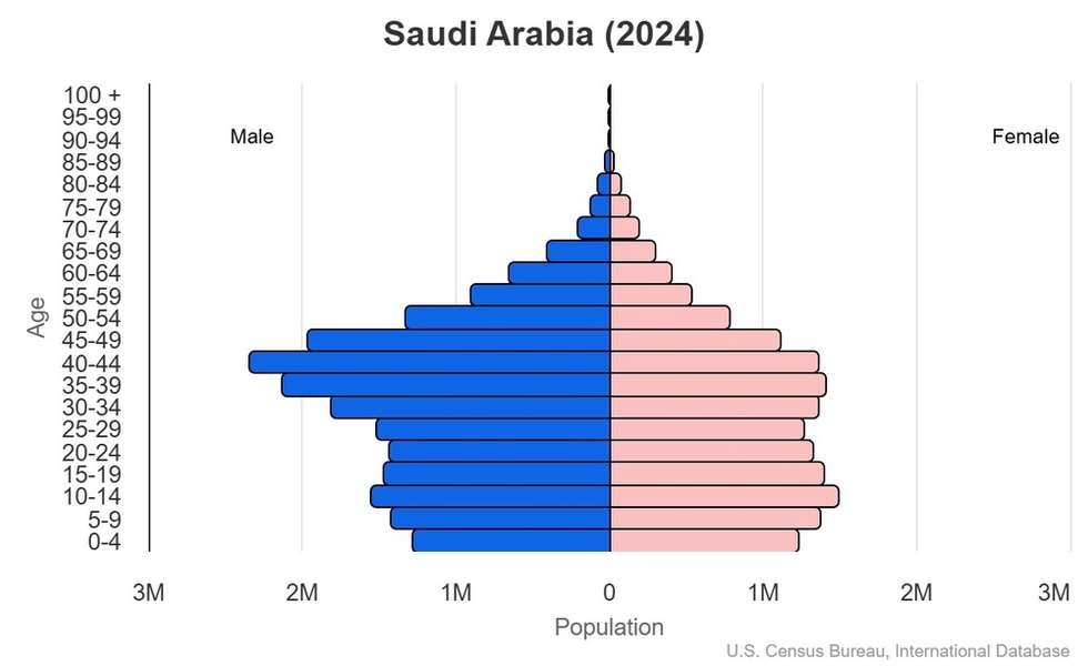 This is the population pyramid for Saudi Arabia. A population pyramid illustrates the age and sex structure of a country's population and may provide insights about political and social stability, as well as economic development. The population is distributed along the horizontal axis, with males shown on the left and females on the right. The male and female populations are broken down into 5-year age groups represented as horizontal bars along the vertical axis, with the youngest age groups at the bottom and the oldest at the top. The shape of the population pyramid gradually evolves over time based on fertility, mortality, and international migration trends. <br/><br/>For additional information, please see the entry for Population pyramid on the Definitions and Notes page.