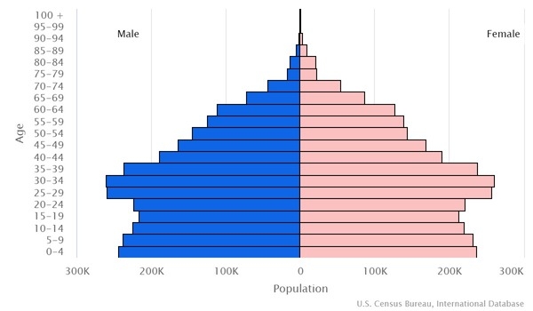 This is the population pyramid for Turkmenistan. A population pyramid illustrates the age and sex structure of a country's population and may provide insights about political and social stability, as well as economic development. The population is distributed along the horizontal axis, with males shown on the left and females on the right. The male and female populations are broken down into 5-year age groups represented as horizontal bars along the vertical axis, with the youngest age groups at the bottom and the oldest at the top. The shape of the population pyramid gradually evolves over time based on fertility, mortality, and international migration trends. <br/><br/>For additional information, please see the entry for Population pyramid on the Definitions and Notes page.