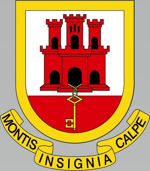 King Ferdinand and Queen Isabella of Spain granted this coat of arms to Gibraltar in 1502. The castle in the center of the shield represents Gibraltar as a fortress, and the gold key represents its strategic position as the gateway to the Mediterranean. Below the shield is the national motto, Montis Insignia Calpe (“Badge of the Rock of Gibraltar”). The coat of arms uses the national colors of red, white, and yellow.