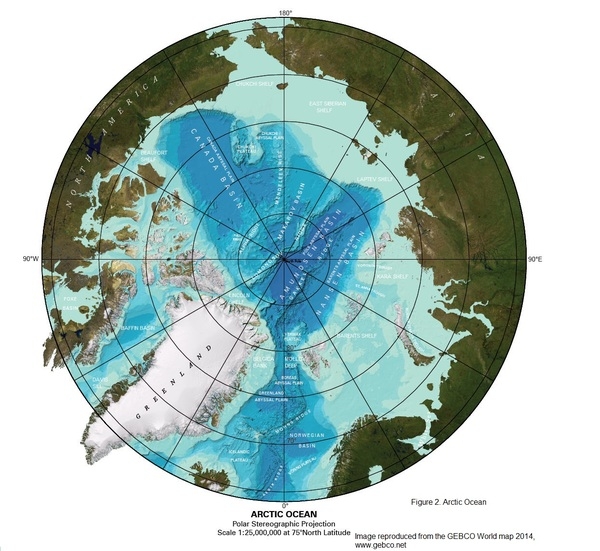 Figure 2. Arctic Ocean sea floor
Image reproduced from the GEBCO World map 2014, www.gebco.net
