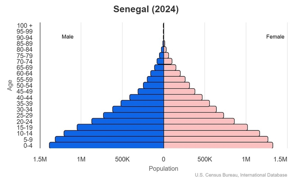 This is the population pyramid for Senegal. A population pyramid illustrates the age and sex structure of a country's population and may provide insights about political and social stability, as well as economic development. The population is distributed along the horizontal axis, with males shown on the left and females on the right. The male and female populations are broken down into 5-year age groups represented as horizontal bars along the vertical axis, with the youngest age groups at the bottom and the oldest at the top. The shape of the population pyramid gradually evolves over time based on fertility, mortality, and international migration trends. <br/><br/>For additional information, please see the entry for Population pyramid on the Definitions and Notes page.