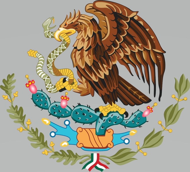 Adopted in 1968, Mexico’s coat of arms is also used as the Seal of the United Mexican States. The Mexican Golden Eagle, a national symbol, is perched on a prickly pear cactus and eats a snake. Beneath the eagle, oak and laurel leaves are joined by a ribbon in the national colors. The image symbolizes the triumph of good over evil.