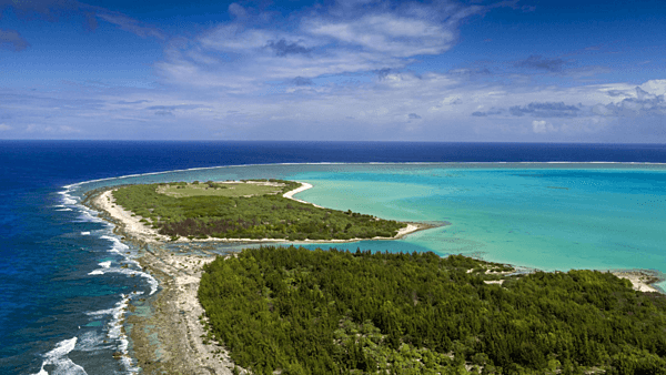 An aerial view of Wilkes Island, one of the three islands making up Wake Atoll. Located on the west side of the atoll, Wilkes Island is now home to a bird sanctuary. Photo courtesy of the US Air Force.